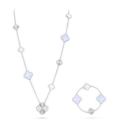 [Marins]DETACHABLE CLOVER 15(11+4) FLOWER SILVER NECKLACE SET