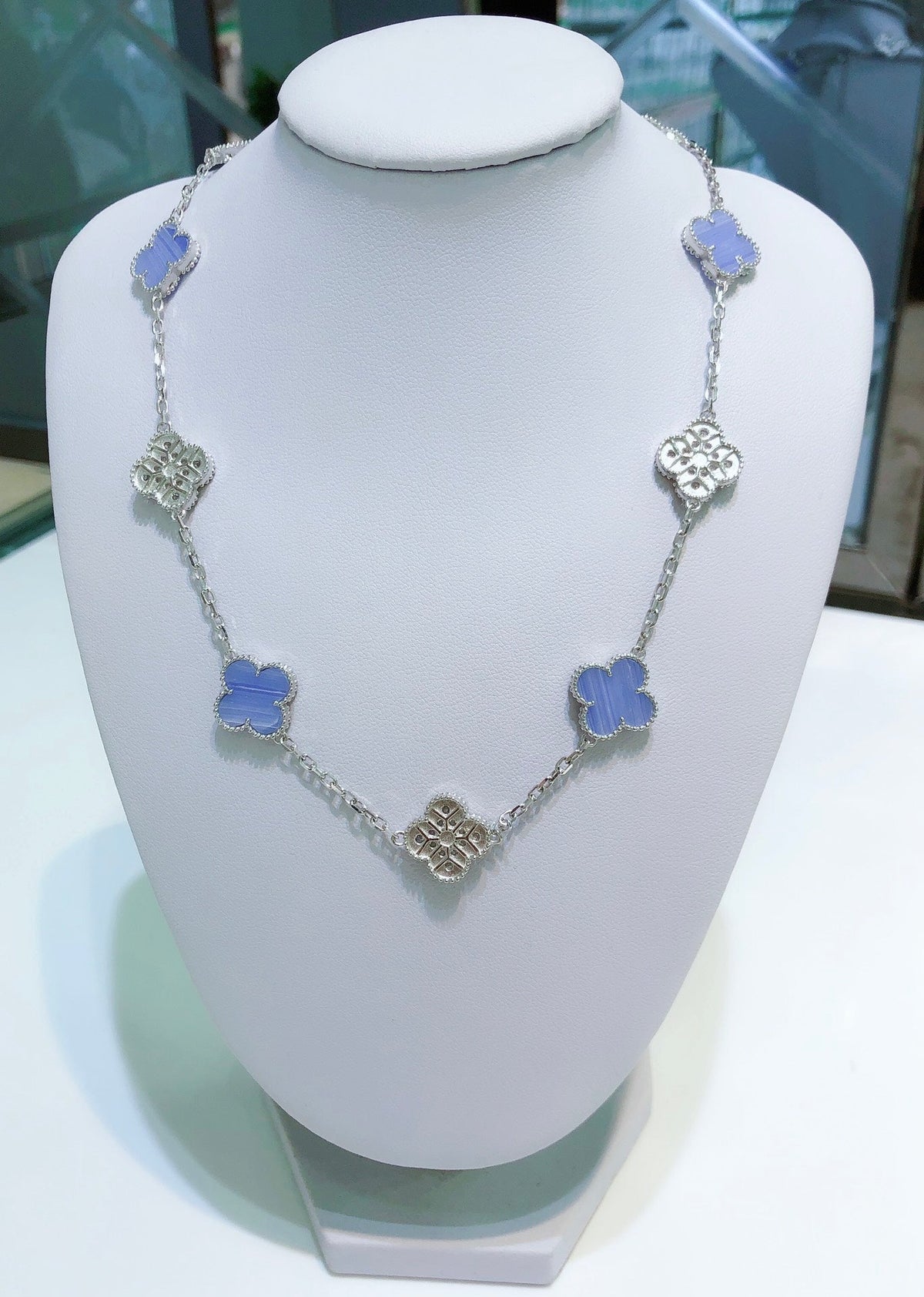 [Marins]CLOVER 10 MOTIFS CHALCEDONY DIAMONDS SILVER NECKLACE